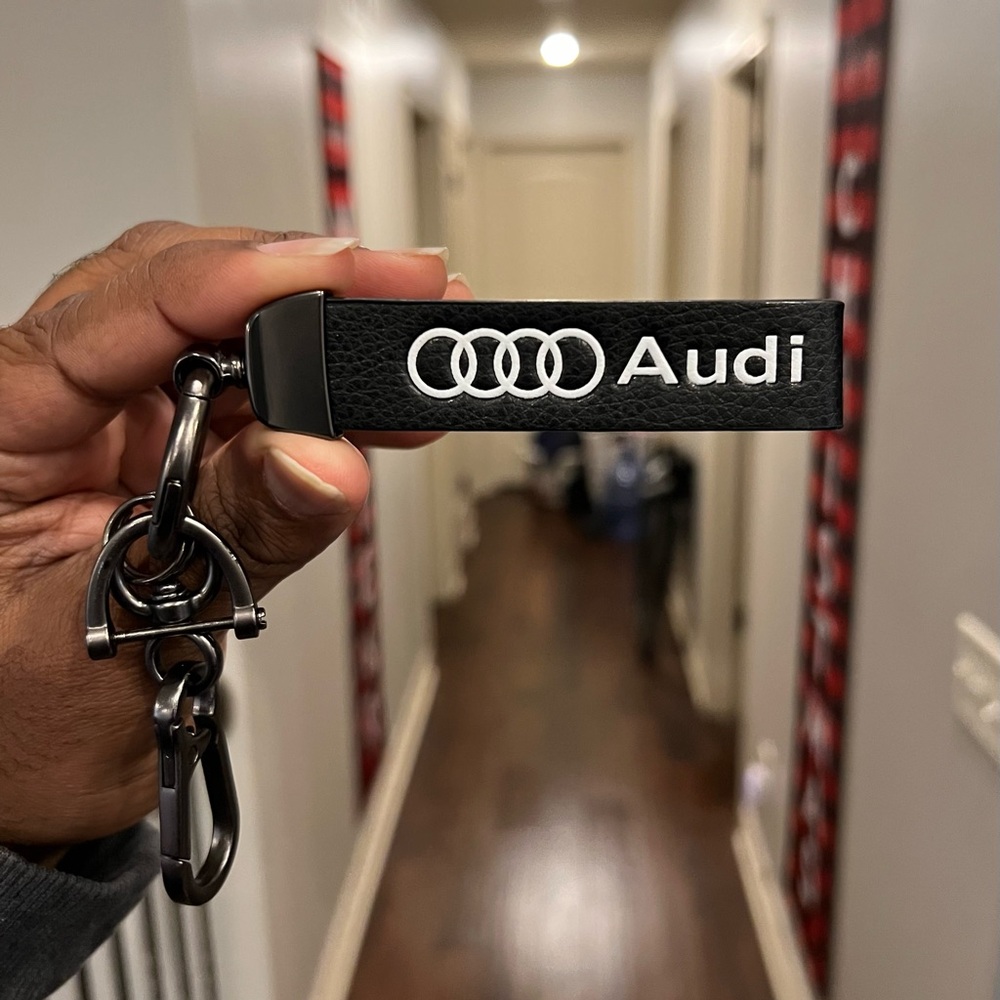 AUDI Black & White Leather Gun Metal Gray Keychain